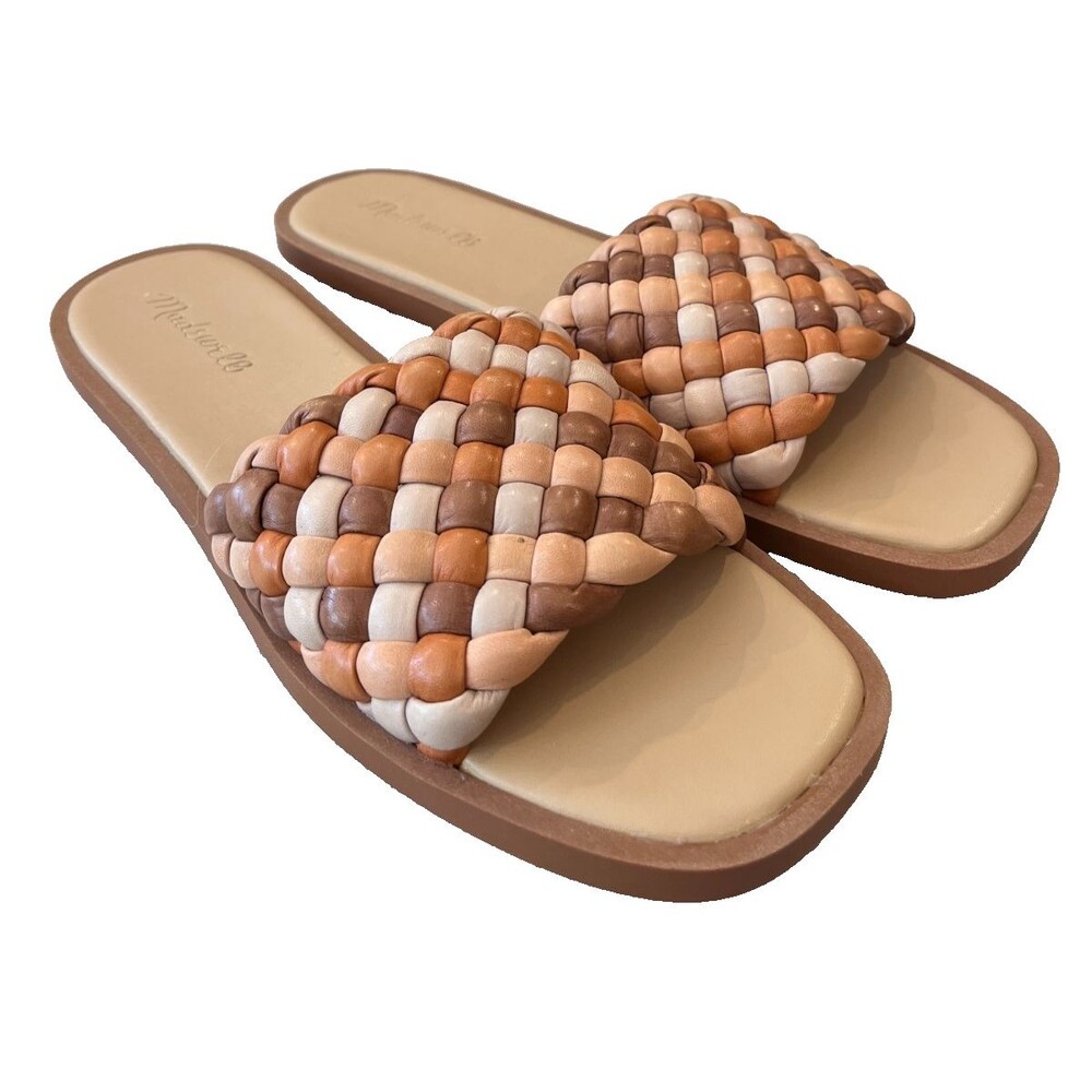 Madewell The Suzi NEW Size 9 M Slide Puffy Woven Sandals Shoes Leather Brown Tan